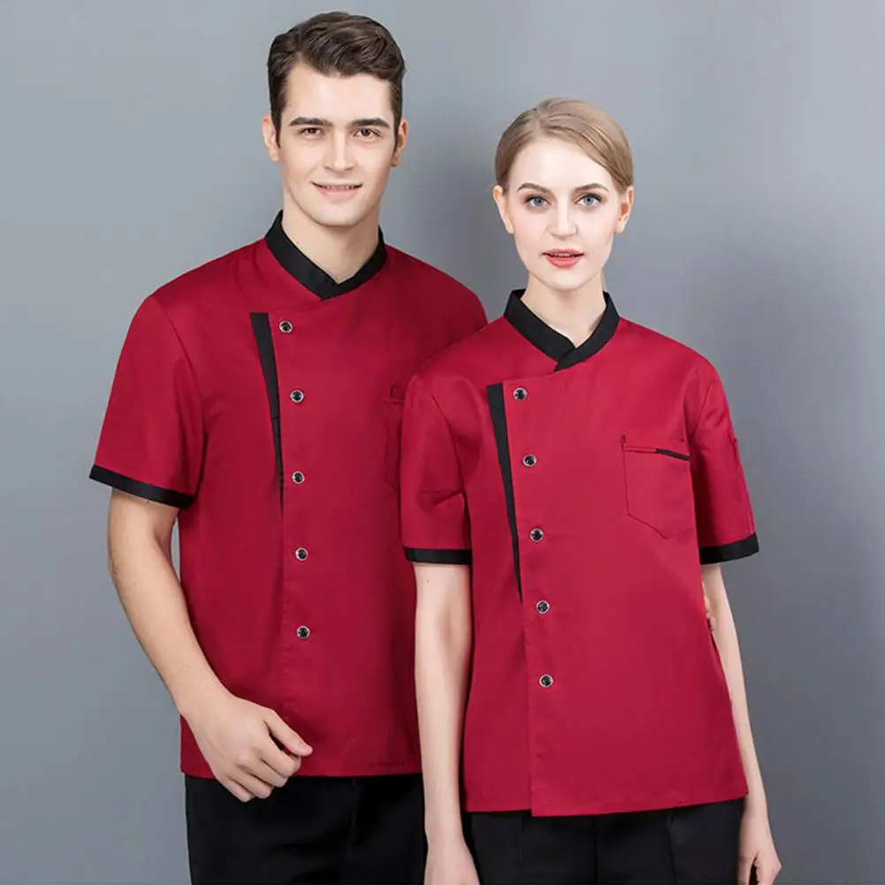 Chef Attire Professional Chef Uniforms Unisex Short Sleeves Jacket with Stand Collar Patch Pocket Breathable for Restaurant