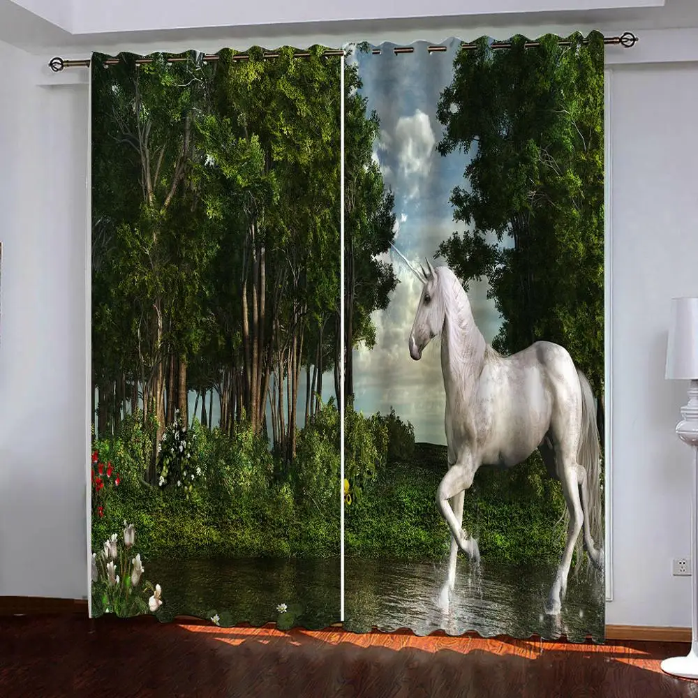 Luxury Blackout 3D Curtains For Living room Bedding room green forest white horse curtains