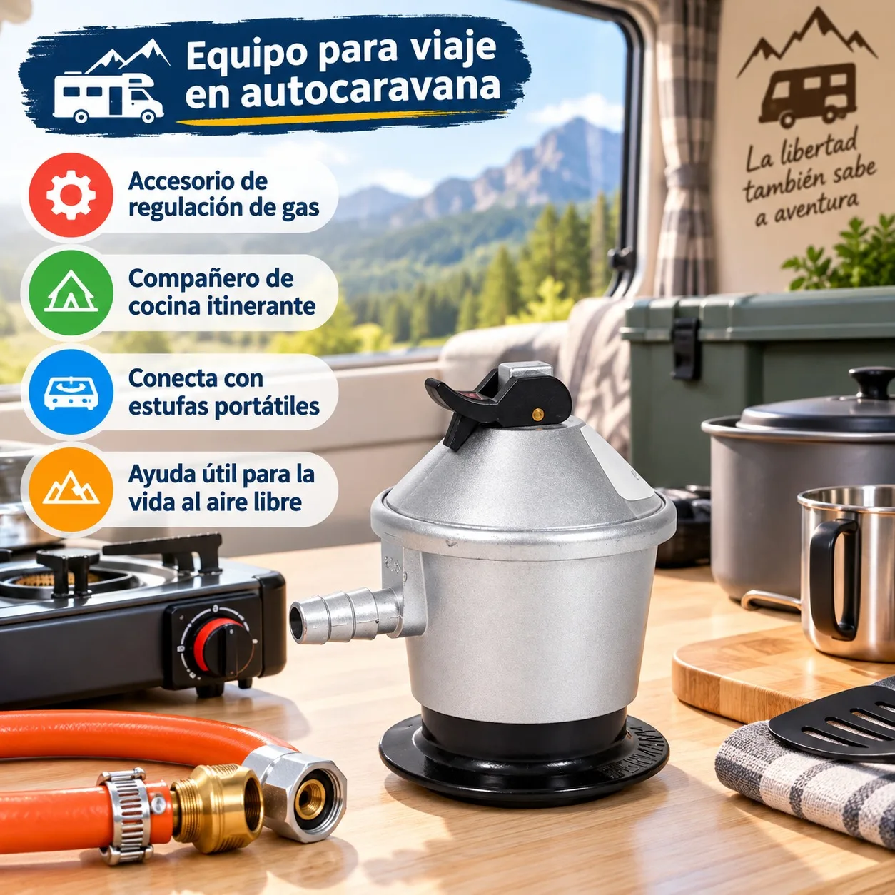 Regulador de Gas Butano de 30 mbar para Camping y Exterior, Cuerpo de Aluminio Resistente, Conector de 10.00 x 7.50 cm para Estufas Portátiles, Barbacoas y Cocinas de Autocaravana