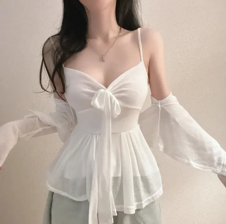 2 pezzi set autunno primavera 2026 volant francese stile chic scollo a V canotta + cardigan a maniche lunghe camicetta allentata capispalla femminile (hg7280