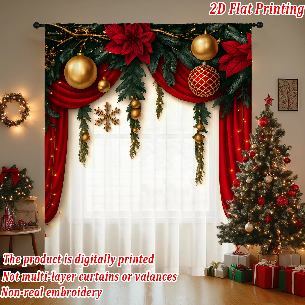Christmas Flat Printing Sheer Curtain with Christmas Ball Poinsettia Snowflak Pine Branch for Living Room Decor Holiday Party