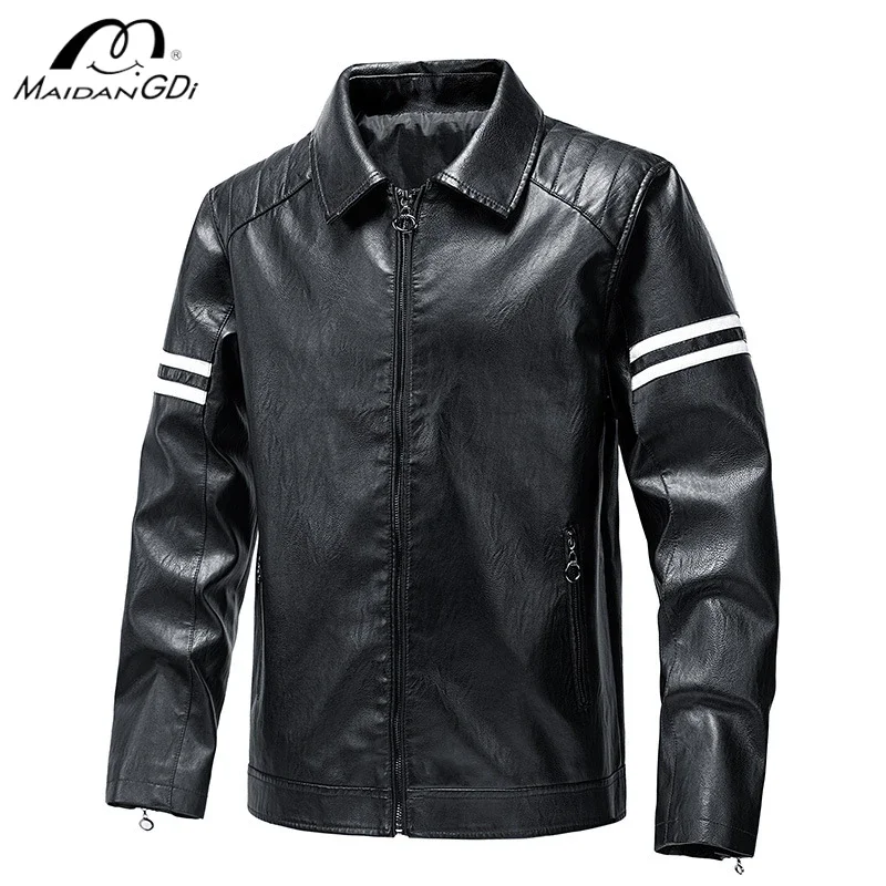 

MAIDANGDI Men color blocked fashionable jacket lapel casual foreign trade Spring Autumn style zipper slim fit motorcycle top