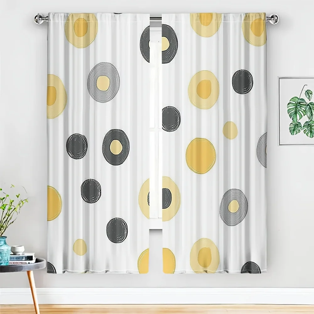 2pcs Mid-Century Dot Curtains No Rod — Mustard & Charcoal Circles on White, Light-Filtering for Living, Dining, Bedroom Doors