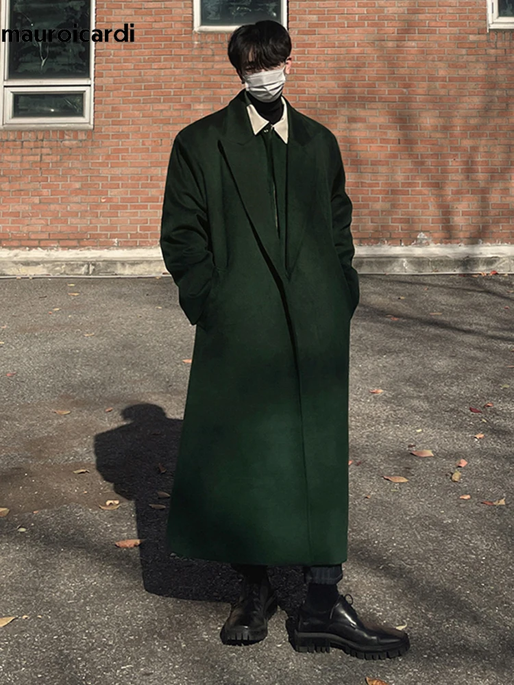 Mauroicardi Autumn Winter Long Warm Oversized Soft Dark Green Black Woolen Coat Men Loose Casual Korean Wool Blends Overcoat