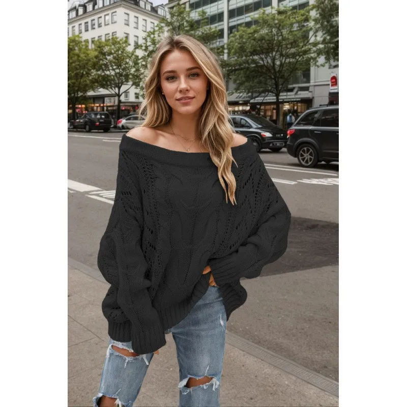 

2025 Sweater De Mujer Autumn Winter Knitted Pullover Women One-line Collar Knitted Hollow Pullover Loose Solid Color New Sweater