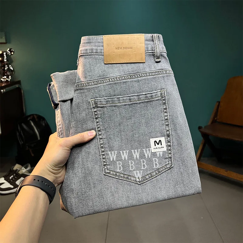 2024 Spring and Summer Thin Cropped Jeans Men's Stretch Slim-Fitting Fashion Brand Printed Scratch Tapered Casual Pants