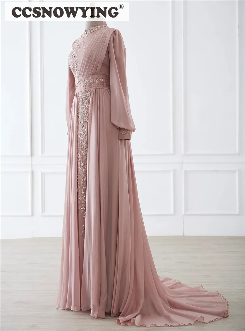 Pink Chiffon Muslim Evening Dress Long Sleeve Hijab Islamic Formal Party Gown Beaded Appliques Saudi Arabia Robes De Soirée