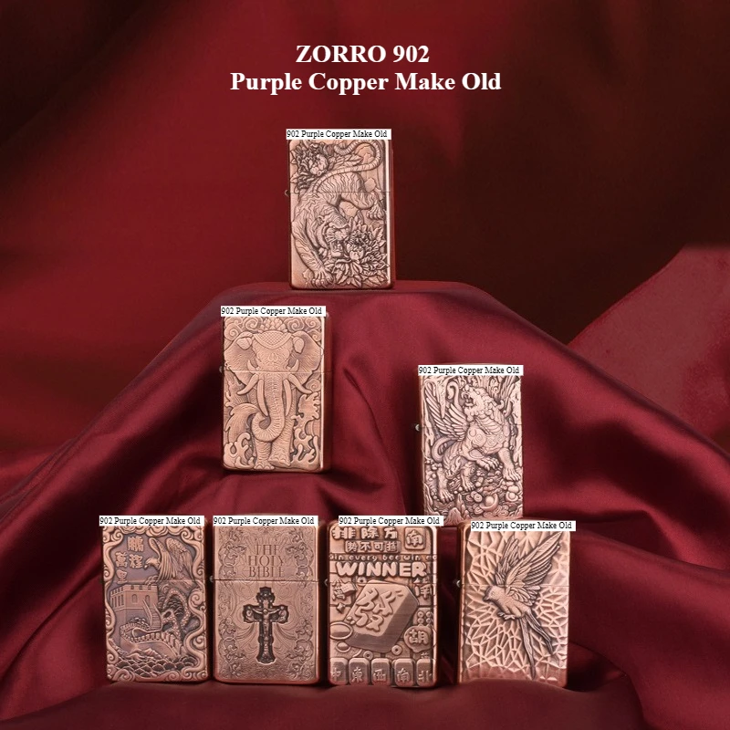 

Зажигалка ZORRO 902 из фиолетовой меди, ручной работы, с изысканным 3D-рельефом, ветрозащитная, на керосине, высококачественный подарок для парня.