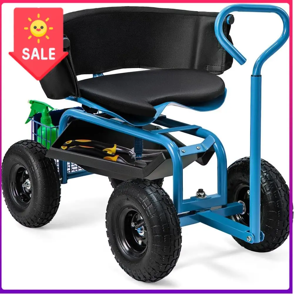 

Бестселлер: Регулируемое поворотное садовое кресло на колесах с корзиной для хранения и подставкой для инструментов для работы на открытом воздухе