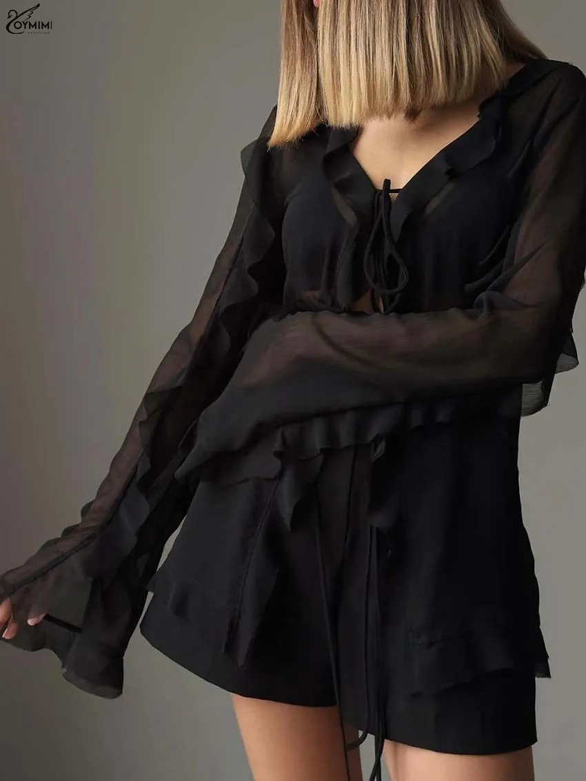 Oymimi Casual Black Loose Women's Shirt Summer V-Neck Ruffled Long Sleeve Blouses Fashion Lace-Up Solid Shirts Female Clothing