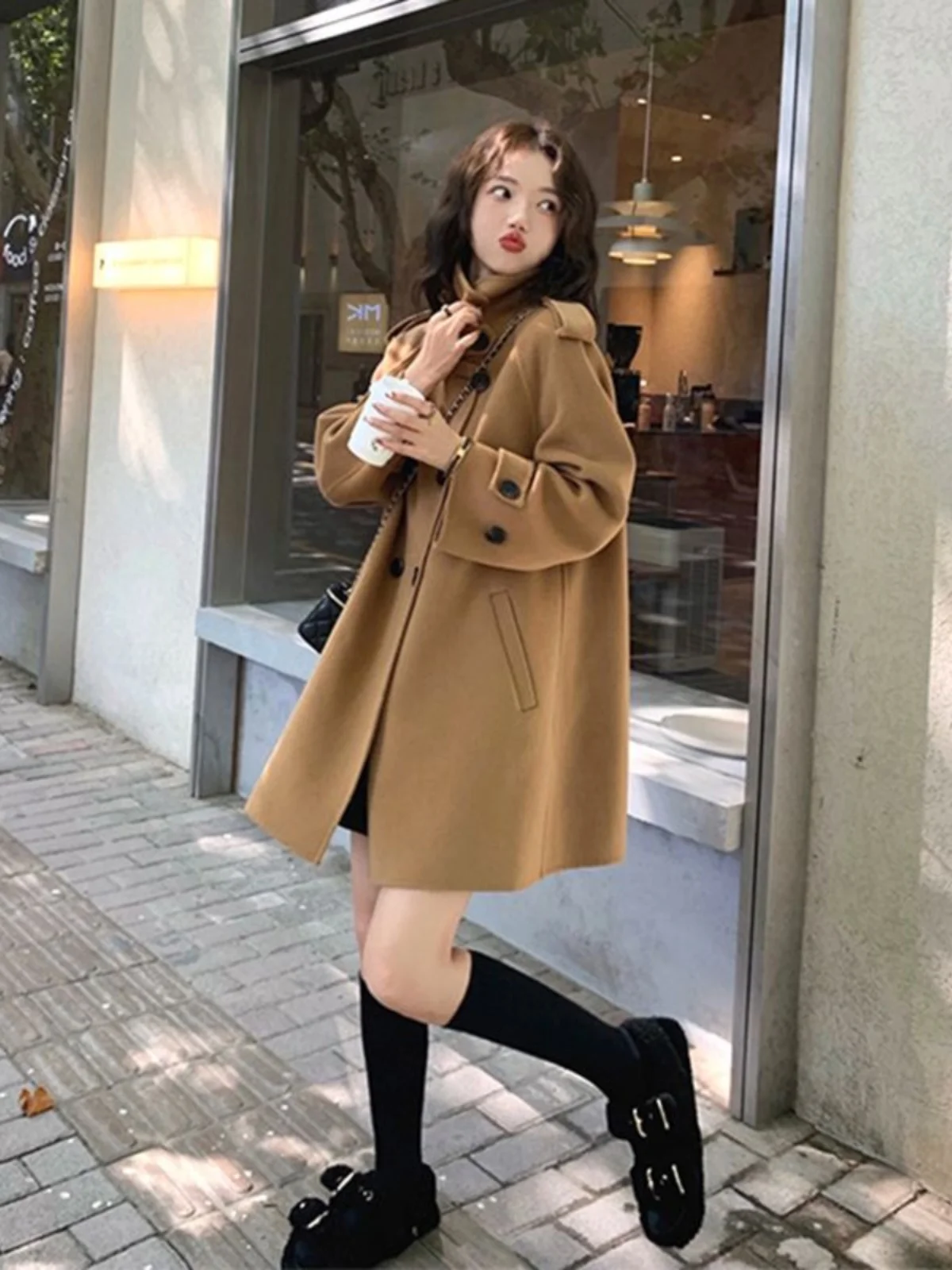 Poncho Woolen Jacket Women Autumn and Winter New Small Hepburn Sle Mid-Length Single-Sided Stand Collar Coat Woolen Women