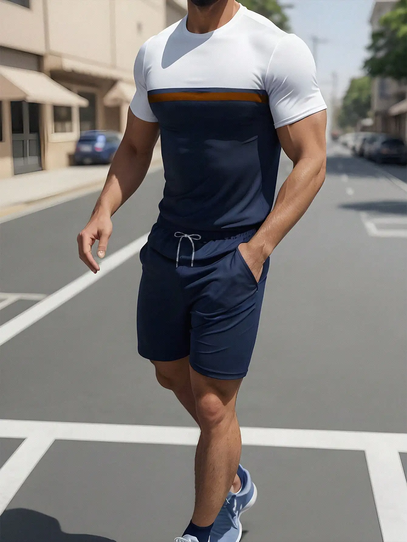 Men's short sleeved casual suit with fashionable lines and color blocks, summer round neck short sleeved T-shirt, men's drawstri