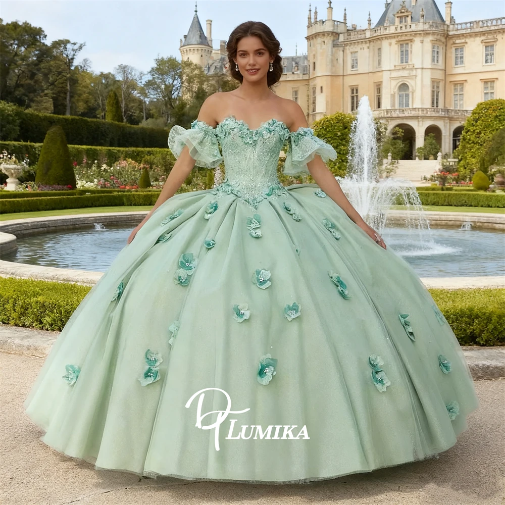 

Sage Quinceanera Dress for Women Off the Shoulder 3D Flowers Sweetheart Sweet 15 Dresses Coming of Age Party Gown
