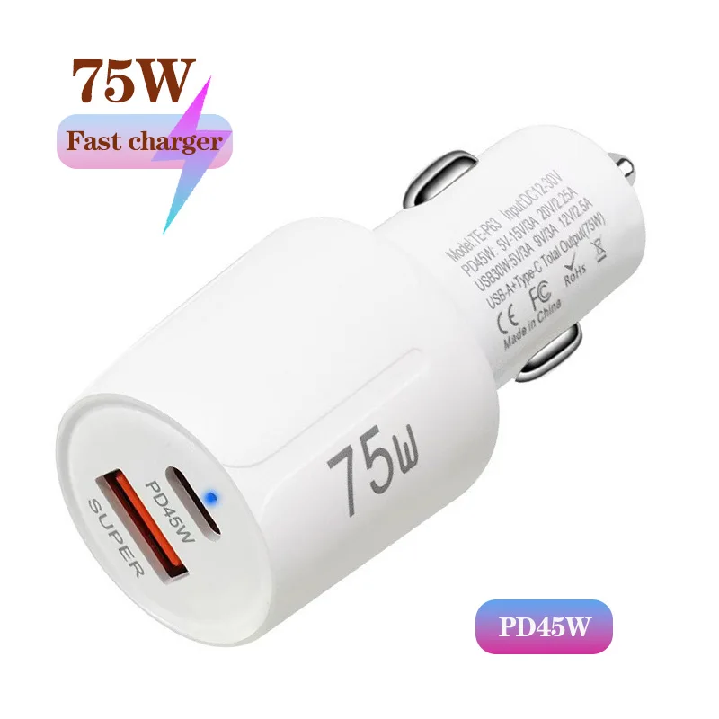 

75W 2Port USB car charger QC3.0+PD45Wcar phone charger for HUAWEI iPhone Samsung Xiaomi fast charging cigarette lighter adapter