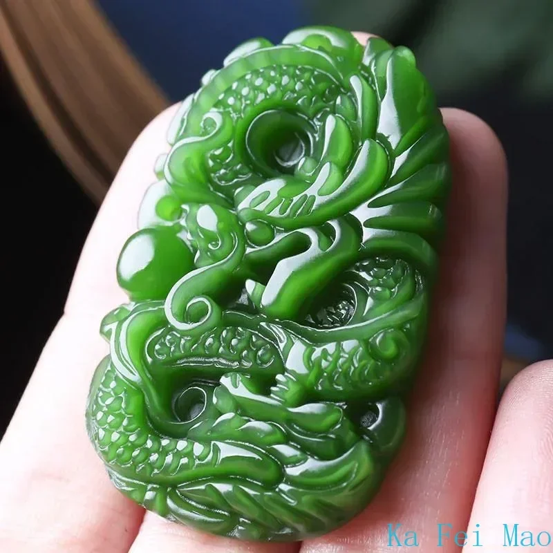 Natural Green Jade Dragon Pendant Necklace Jewellery Fashion Accessories Hand-Carved Man Luck Amulet Gifts Woman Sweater Chain