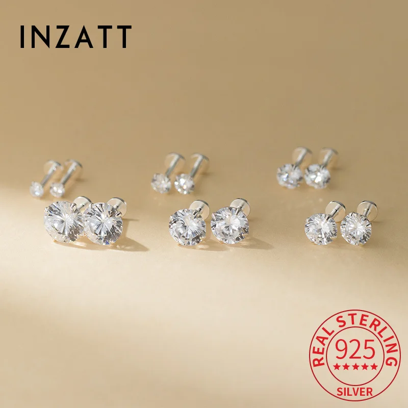 

INZATT Real 925 Sterling Silver 3/4/5/6/7/8MM Zircon Mini Round Stud Earrings for Women OL Fine Jewelry Ear Bone Accessories
