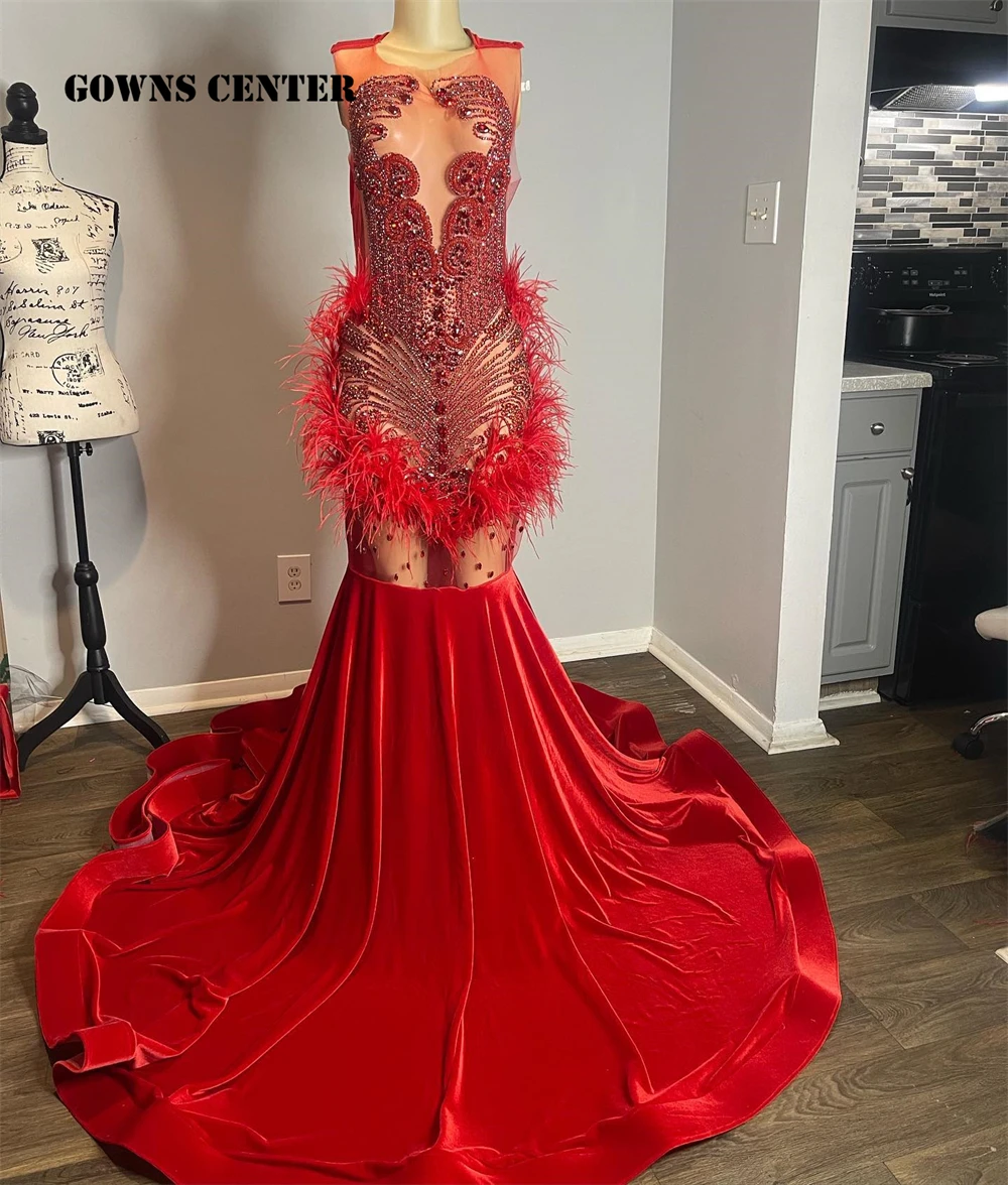 

Red Feathers Luxury Prom Dresses 2025 Black Girls Beaded Rhinestones Mesh Birthday Party Dress Mermaid Formal Gowns Customized