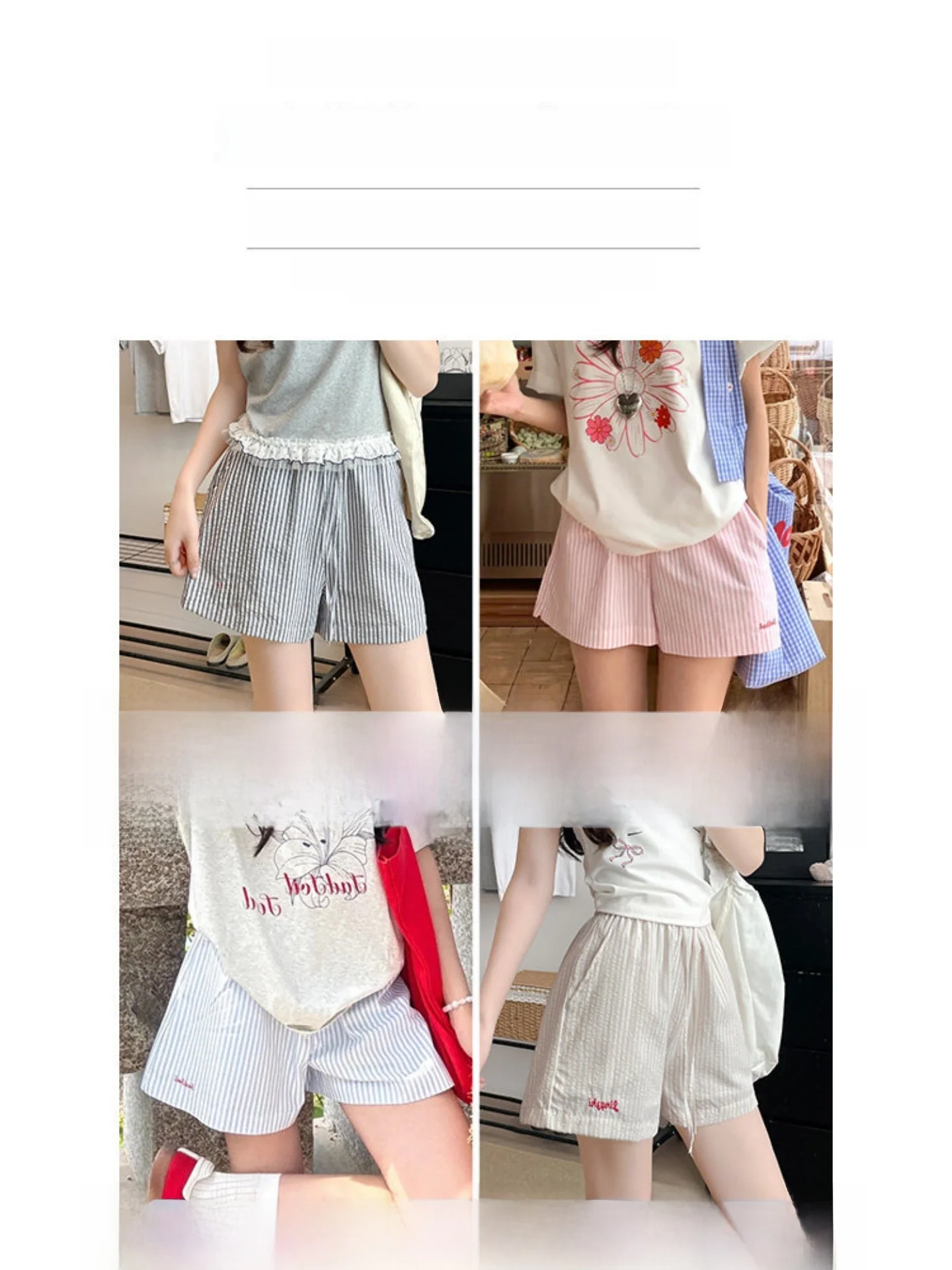 Summer Casual Stripe Embroidery Shorts Women's Loose Wide Leg Pants High Waist Elastic Waistband Beachwear Three-quarter Length