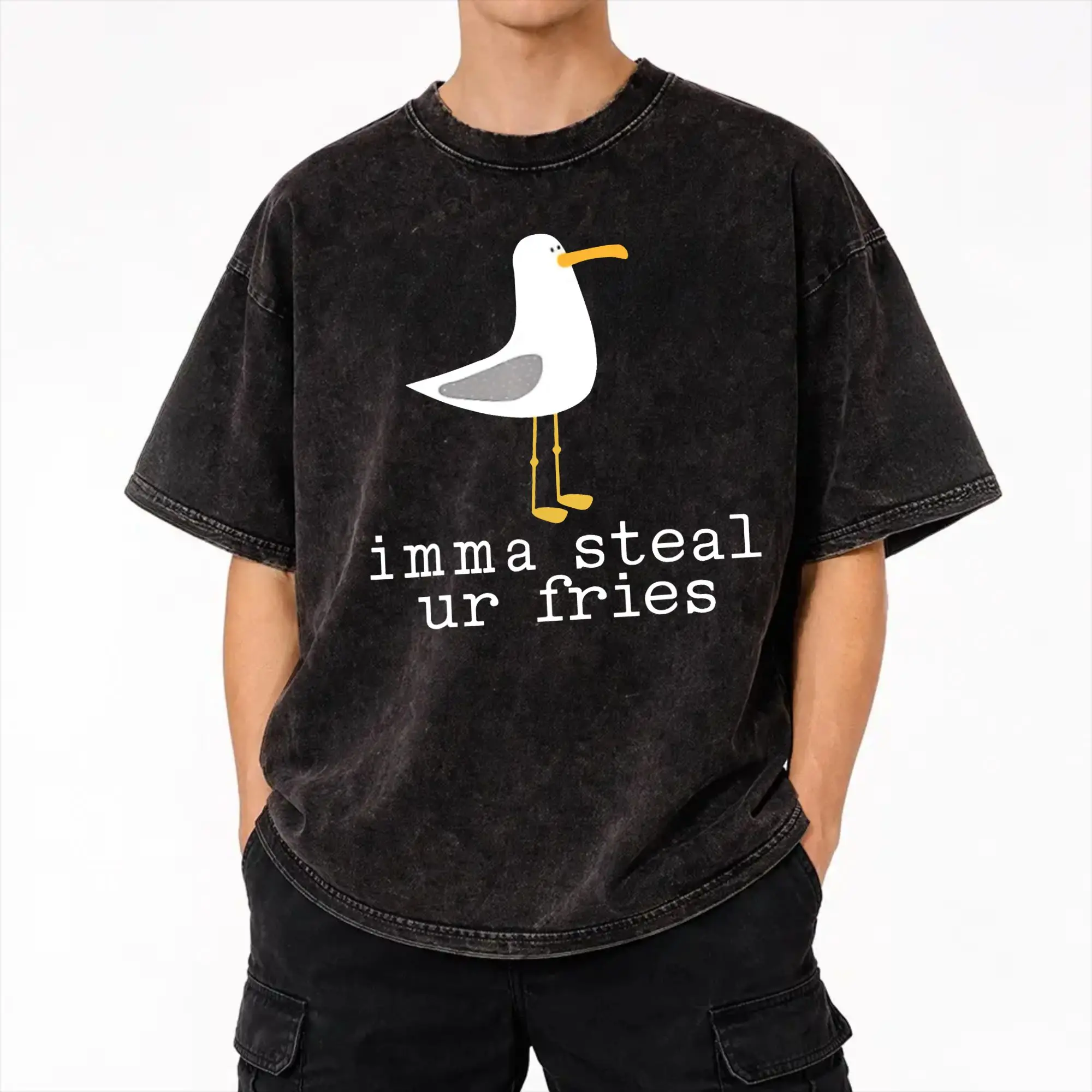 Summer Imma steal ur fries Funny Cute Seagull Bird Animal Lovers  Washed T Shirts Outfit Harajuku T-Shirt