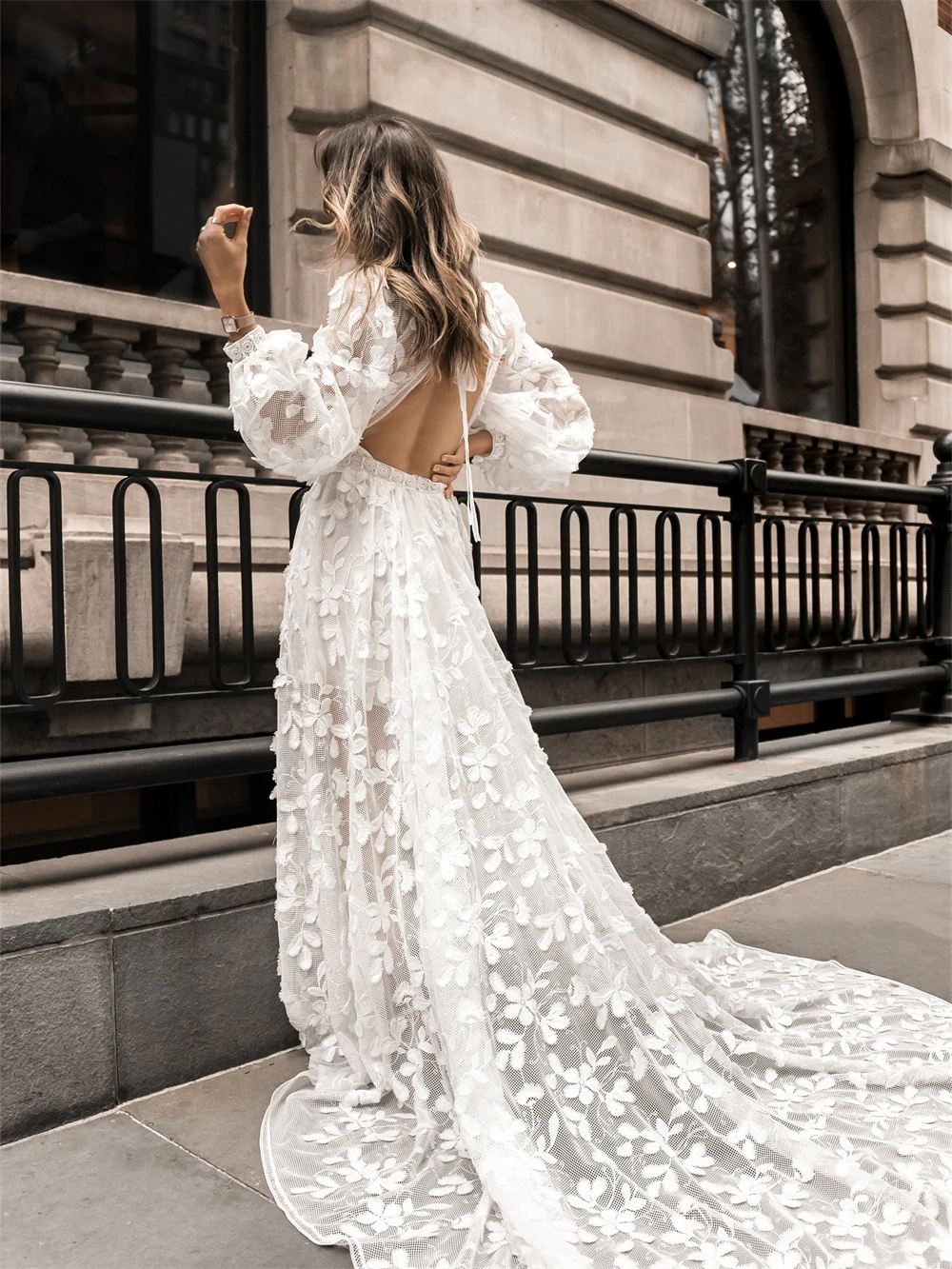 Affascinante abito da sposa Boho in pizzo 2024 affascinante abito da sposa a-line elegante manica lunga abito da sposa lungo fino al pavimento Vestidos De Novia