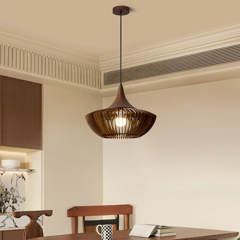 Retro Wooden Hollow Out Ceiling Pendant Lamp Restaurant Kitchen Living Room Study Reading Atmoshere Wabi Sabi LED Light Fixtures