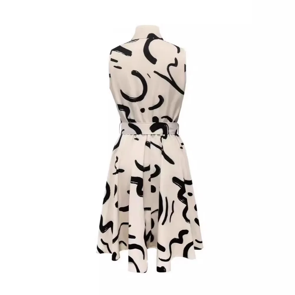 New Women's Printed Sleeveless Lace-Up Dress Shirt Skirt