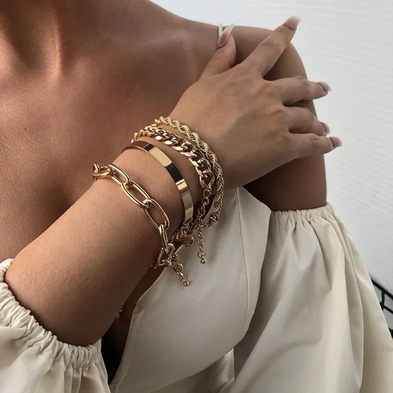 4pcs/set Hiphop Exaggerated Golden Fried Dough Twists Chain Bracelets Fashion Simple Geometric Jewelry Women for Commuting image 2