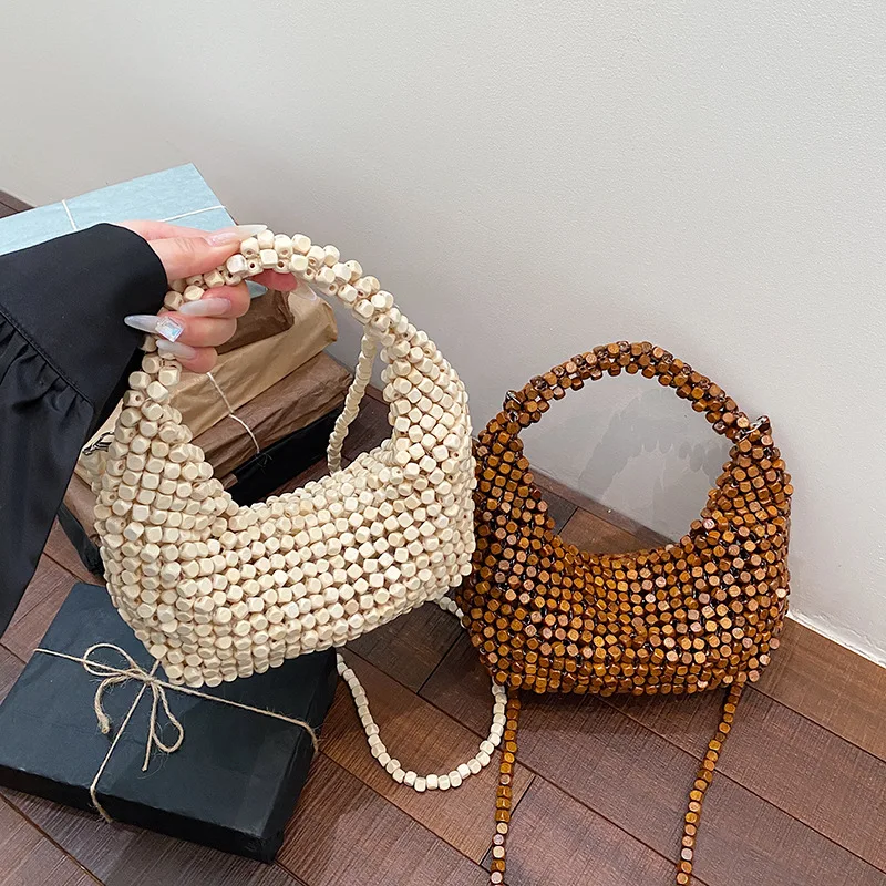 Handmade Woven Clutch Purses For Women Exquisite Design Hollow-out Wooden Bead Small Handbag With a Removable Inner Bag