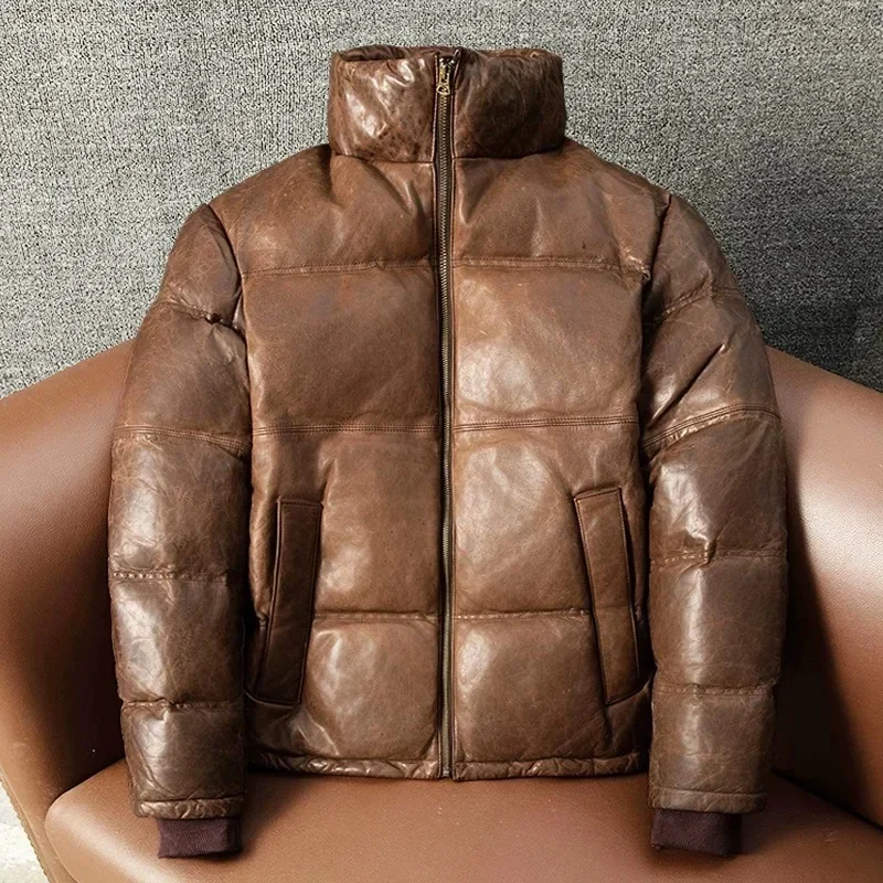 Men's Winter Down Jacket Genuine Leather Duck Warm For Men Real Sheepskin Coat Brown Casual Clothing