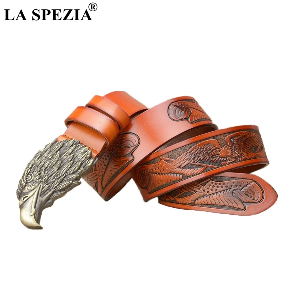 LA SPEZIA Real Leather Belt Men Gold Eagle Pin Buckle Belt Male Italy Brand Genuine Cowhide Leather Vintage Designer Belts 130cm