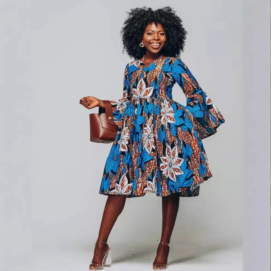 

【New style】2021 Africa new digital printing women's autumn seven-point lotus sleeve small V-neck dress in stock