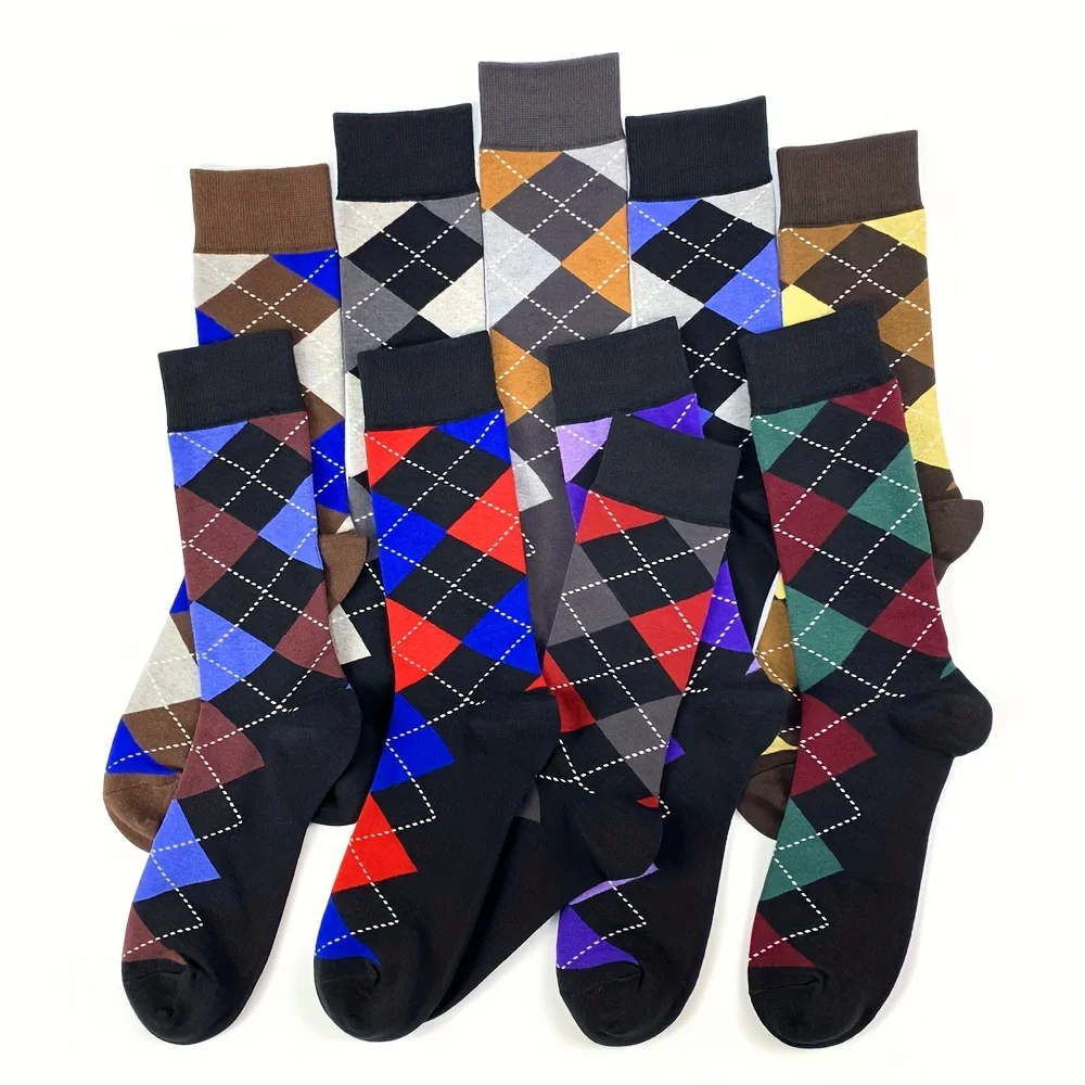 5pairs Men\'s Cotton Argyle Color Block Soft Crew Socks, Men\'s Business Socks, Multicolor Set