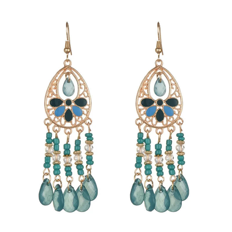 Vintage ethnische lange Tropfen Öl Blume Perlen Quaste Ohrringe für Frauen Boho Gold Farbe hohle Acryl Wasser Tropfen baumeln Ohrringe – Detail 15