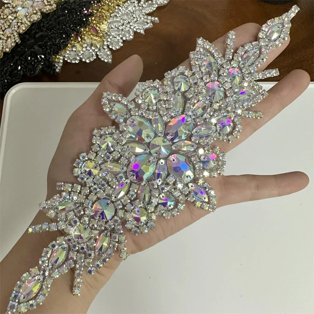 1PCS  AB Silver Rhinestone Iron on patches wedding dress accessories For Clothes Decoration