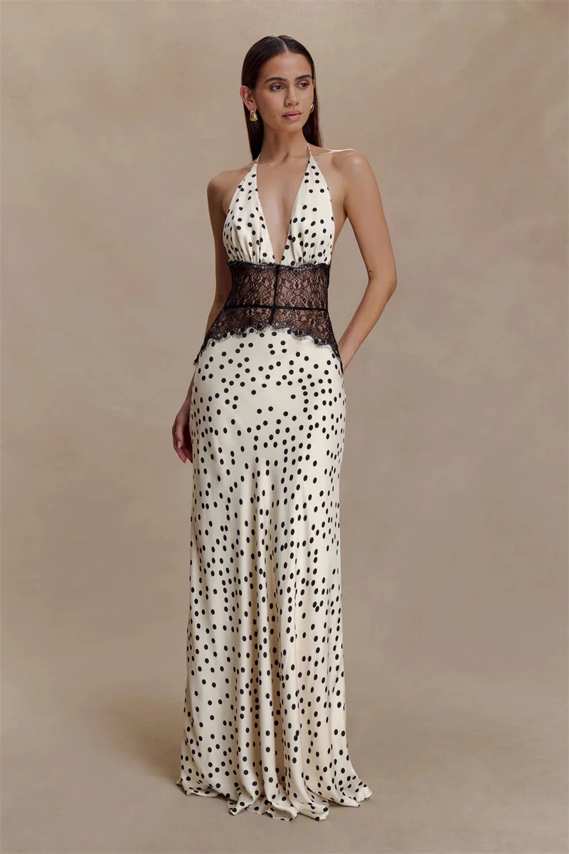 Mozision Polka Dot Rückenfreies Sexy Maxikleid Damen Kleid Elegantes Patchwork Spitze Neckholder Tiefer V-Ausschnitt Ärmelloses, figurbetontes Clubkleid – Detail 11