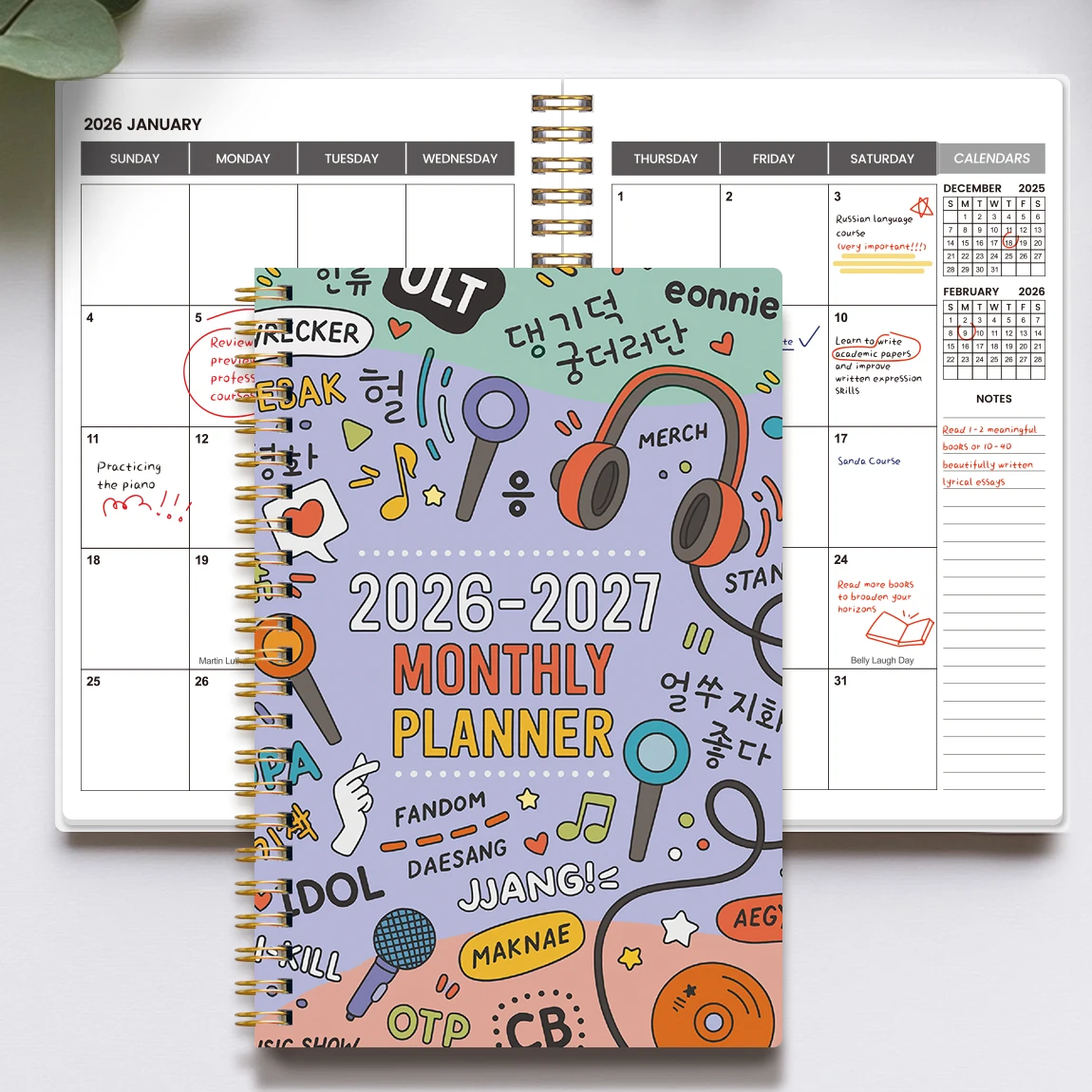 2026-2027 مخطط شهري A5، ملزمة حلزونية، غطاء خربش K-pop، منظم تقويم لمدة 24 شهرًا مع ورق سميك غير منتفخ