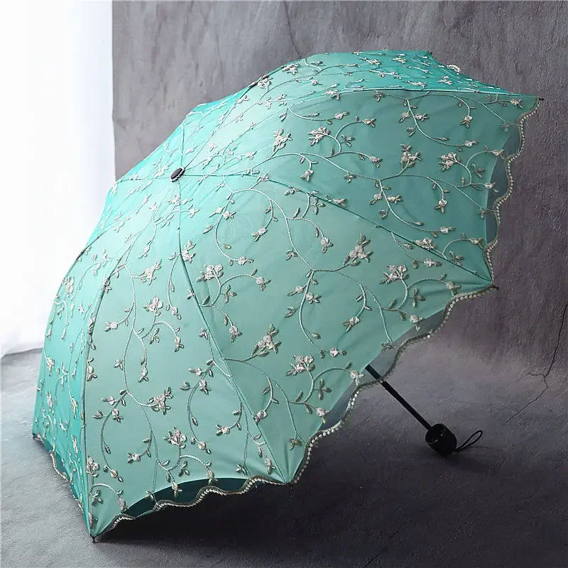 Peixin sunscreen umbrella female, retro mesh embroidered flower double-layer vinyl sun umbrella three-fold UV protection