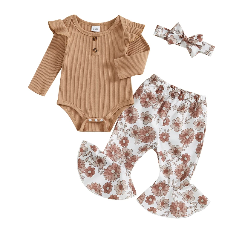 

Baby Girls Fall Outfit Long Sleeve Romper with Flower Print Flare Pants and Headband Clothing Set