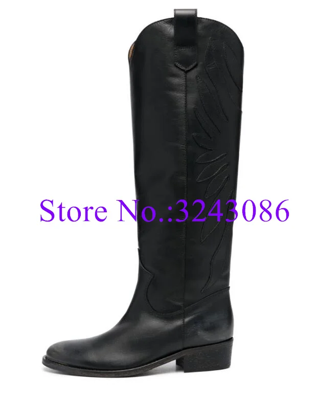 Black Leather Woman Flat Long Boots Fashion Printed Flower Round Toe Lady Knee High Boots Sexy Female Large Size Snow Boots