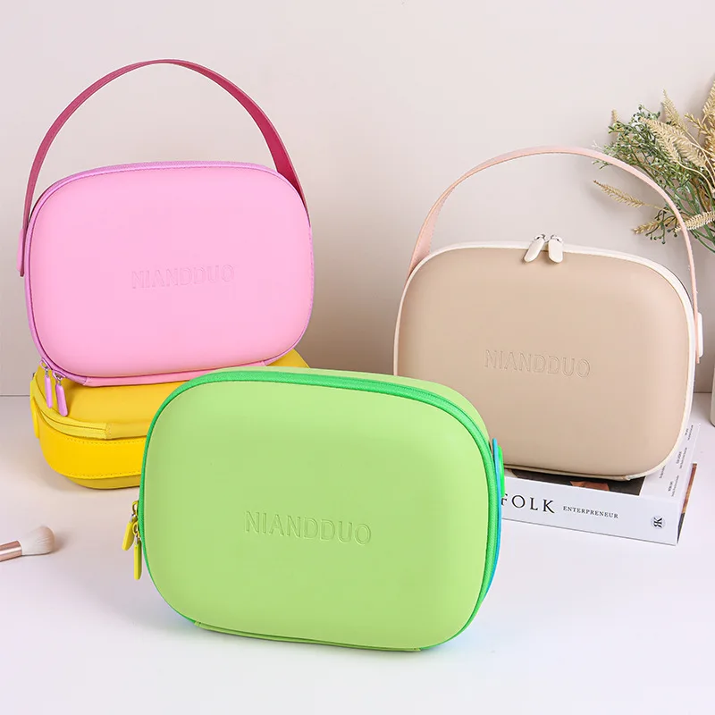 Simple Travel Waterproof PU Cosmetic Bag Handle Square Portable Tote Bag Large-Capacity Zipper Wash Storage Bags Women
