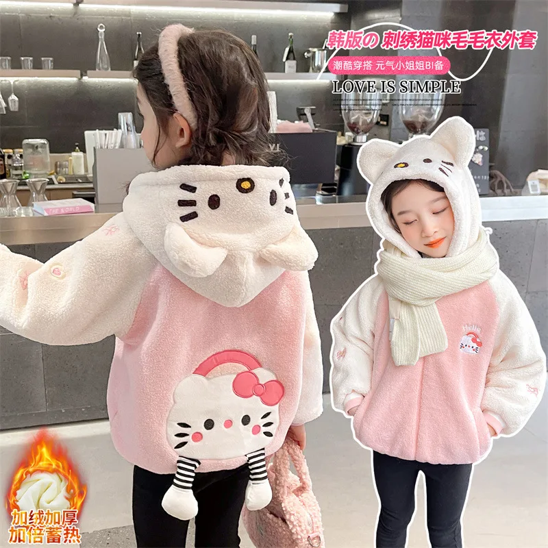 Girly Heart Hello Kitty Anime Kawaii Ins Fashion Lamb Wool Cashmere Coat Autumn Winter Cute Cartoon Children Thick Jacket Toys