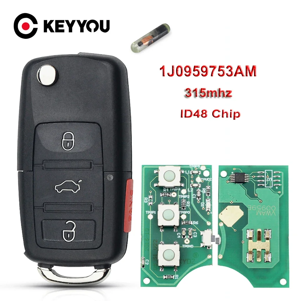 KEYYOU For VW Volkswagen Beetle CC Golf Jetta Passat GTI Flip Key Car Remote Key Entry Transmitter Fob 4 Buttons 315Mhz 48 Chip