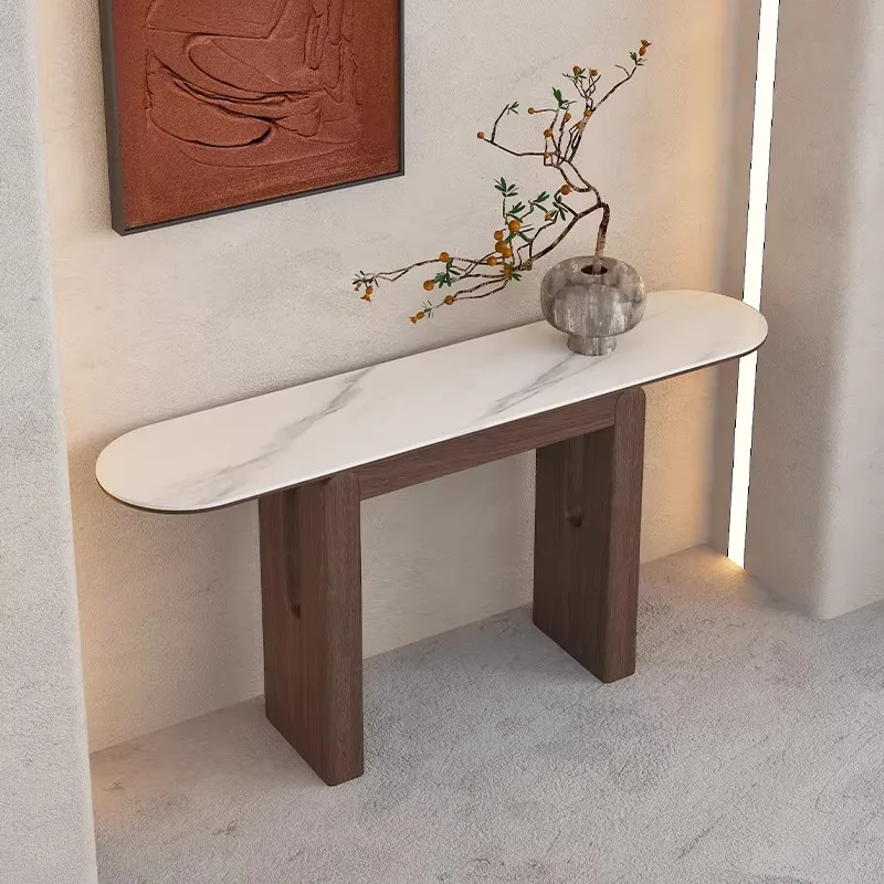 xx-Modern Luxury Entryway Console Table Wood Marble Top Pedestal Base Apartment Living Room Corridor Durable Home Furniture*