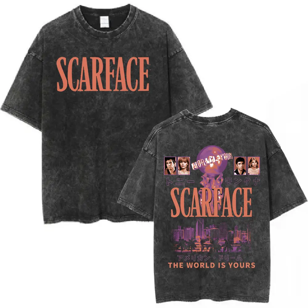 Vintage Washed Movie Scarface The World Is Yours T-shirts Tony Montana Al Pacino Men's Women Clothing Fashion Oversized T Shirts