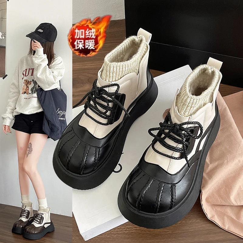 

Новинка 2025 года, винтажная женская зимняя обувь с ракушечной головкой, кожаные эластичные вязаные ботинки, легкие женские ботинки на платформе