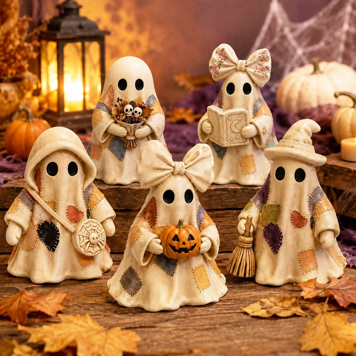 Halloween Decoration Gift Cute Patchwork Ghost Figurine Ornaments,Ghost Statue for Shelf Mantel New Year's Gifts Tabletop Home D