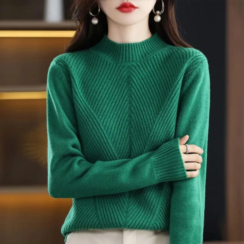 2023 Autumn Winter Women Sweaters Pullovers New Solid Half Turtleneck Twill Knitted Sweater Female Bottom Jumpers Tops Clothing