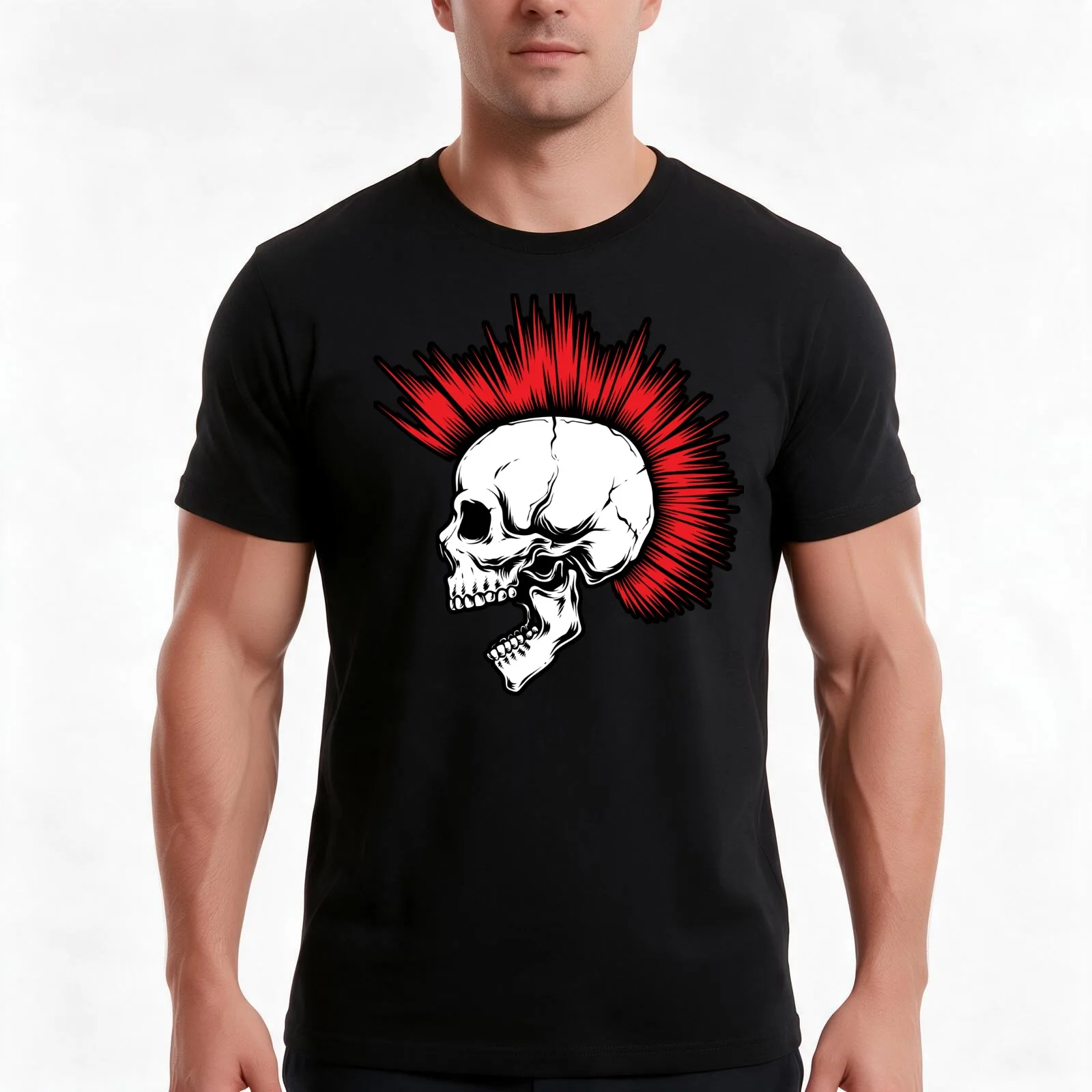 Punk Skull with Red Mohawk T-Shirt, Summer Casual Cotton Tee, Oversized Streetwear Tops, Vintage Graphic Print, Unisex Men Women