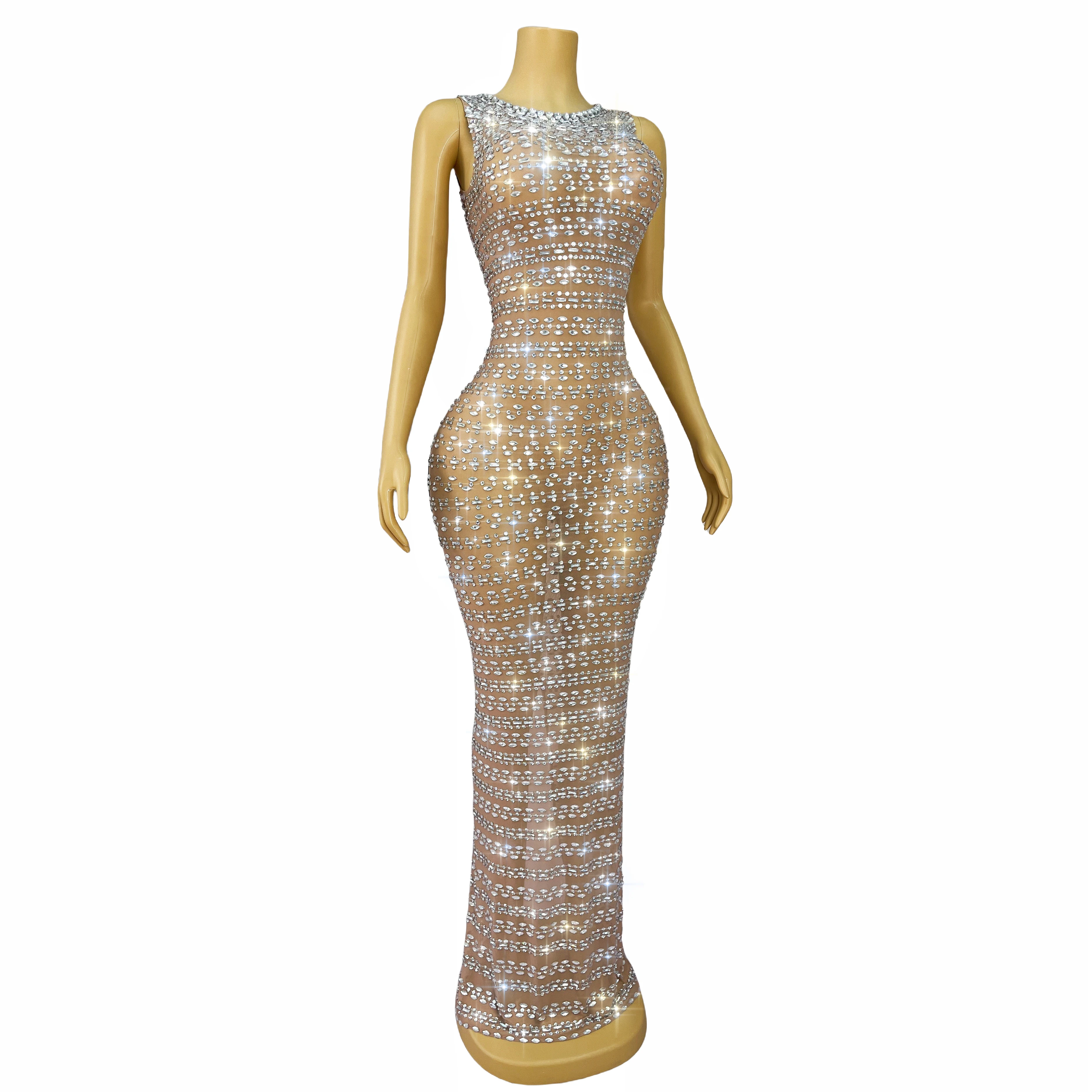 Elegant Twinkling Rinestones Sexy Nude Mesh Trim fiit Dress Women Evening Party Gown Show Red carpet Fashion Outfit Gangsiqiu