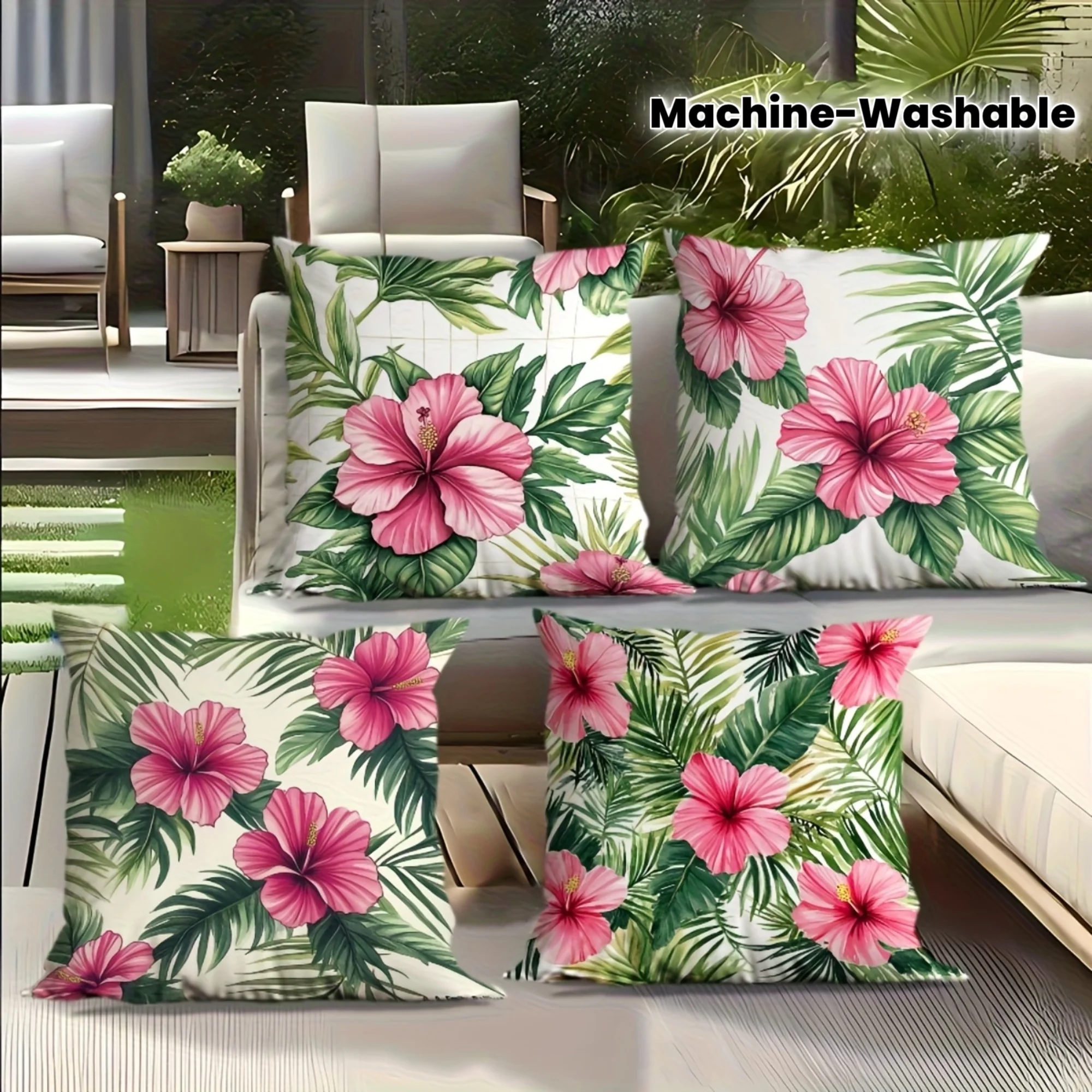 4Pcs Tropical Flower Pillow Covers 40x40cm Double-sided Printed Hibiscus Leaf Cushion Cases Summer Home Decor No Insert